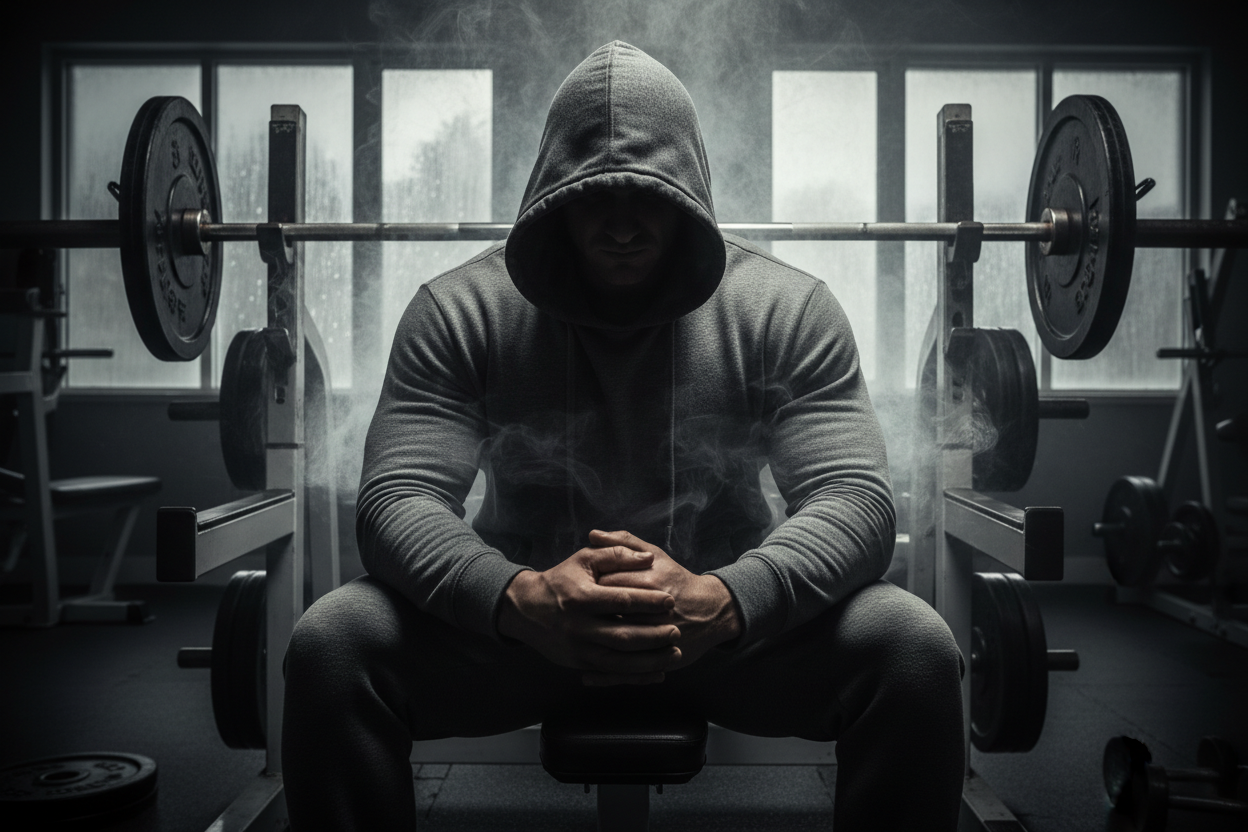 Facet siedzący na ławce do wyciskania sztangi na klatke piersiową, w bluzie, w kapturze, lekko schylona glowa w dół i trzyma sie za dłonie. Unosi sie w okół niego para delikatna. Lekka wineta wokol niego