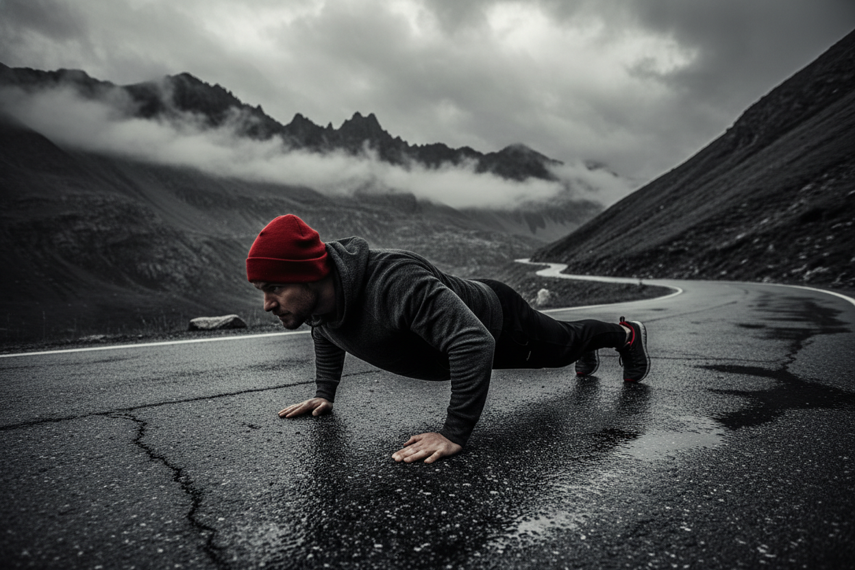 Na ulicy w górach. Bez ludzi, bez samochodów. Tylko facet w bluzie i kapturze, robiący pompki, widoczność pod kątem 